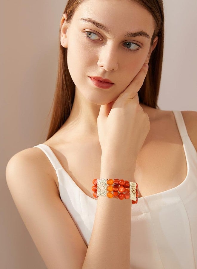 Xalroco Chunky Natural Shell Stone Beaded Stretch Bracelet for Women, Classy Boho Jewelry Gift (Orange) - Image 5